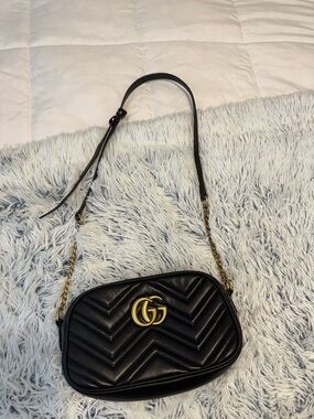 Gucci Black GG Marmont Chevron Crossbody Bag with Gold Hardware